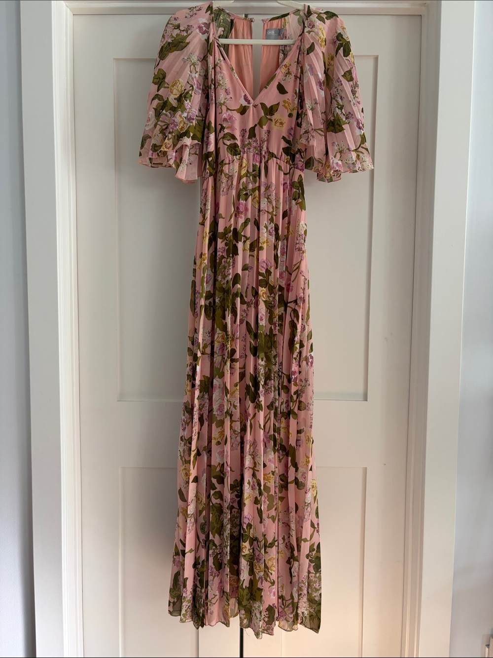 ASOS Pink Floral Maxi Pleated Dress with Flutter Romantic Bohemian Sleeves, 10